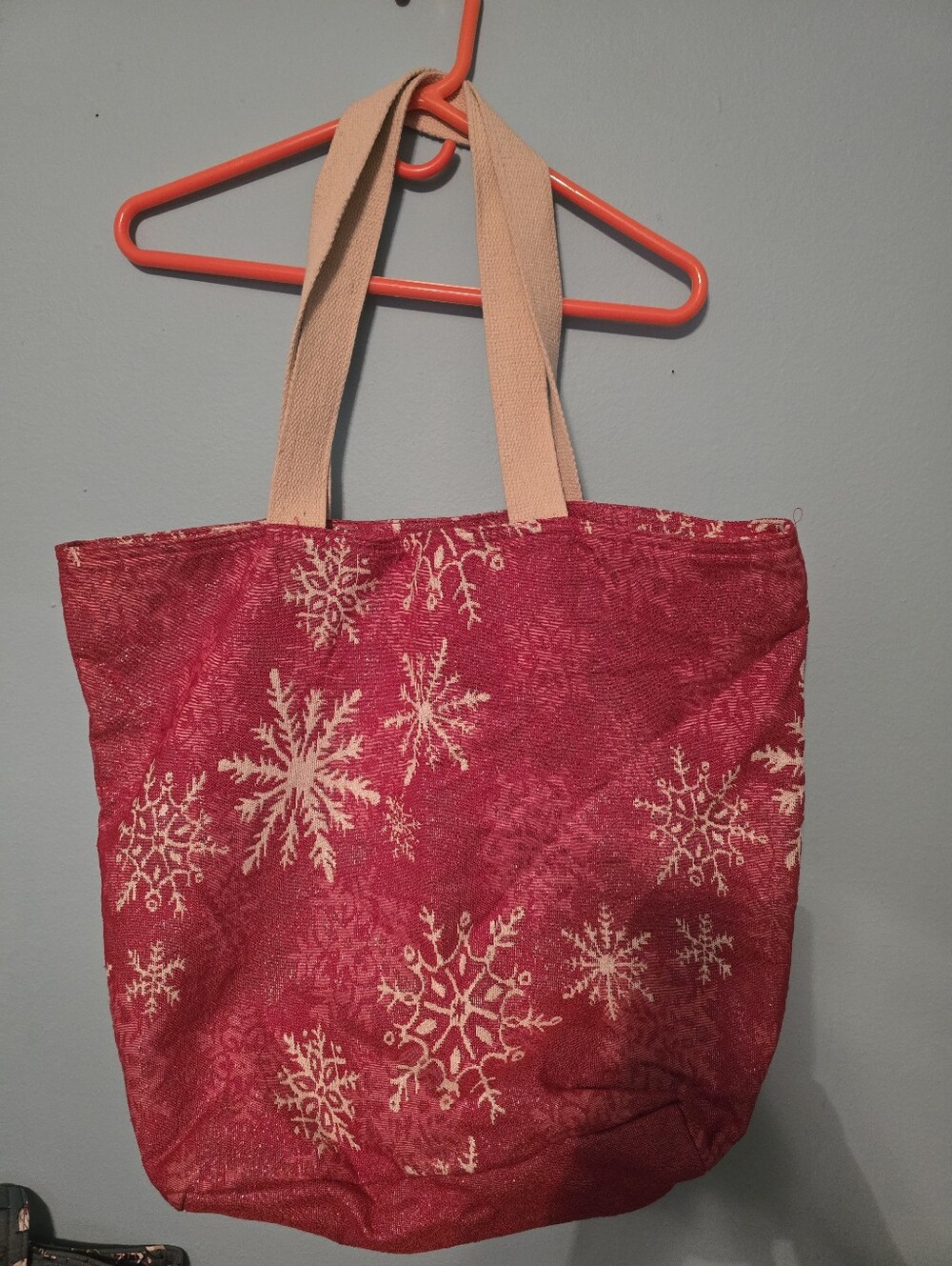 Red Snowflake Tote Bag with Cream Straps